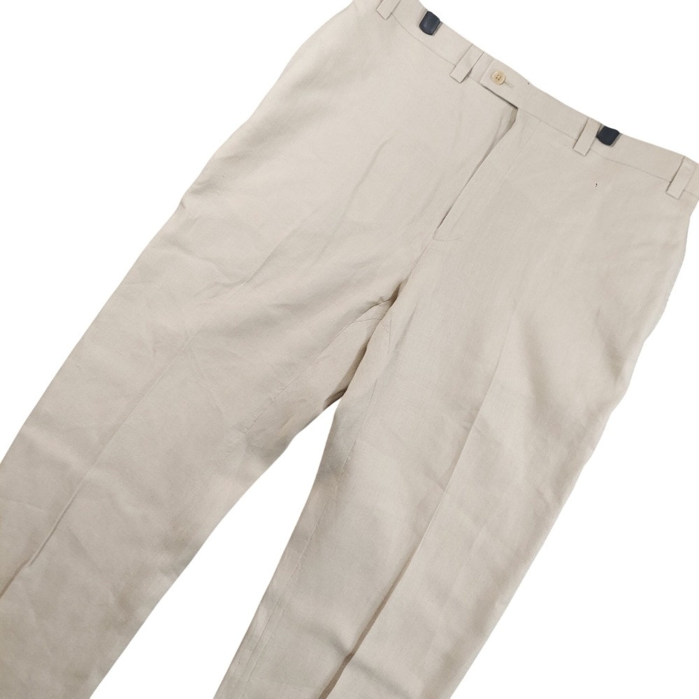Calvin Klein Dress Pants Men 38R (Fits 36x32) Beige 100% Linen Cuffed Trousers